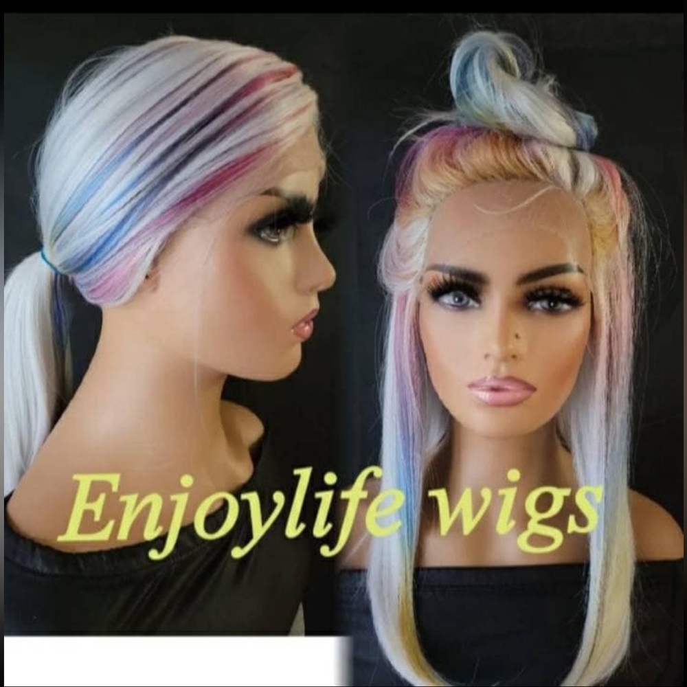 Next Day Ship Platinum Rainbow Highlight Wig Lace Front Heat Resistant